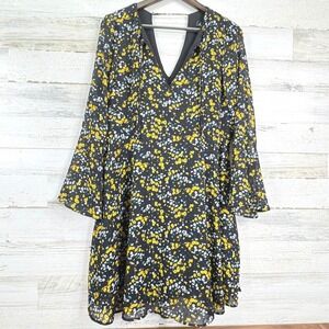 Sam Edelman Floral Ditsy Midi Dress Black Yellow V Neck Long Sleeve Size 10‎ NEW